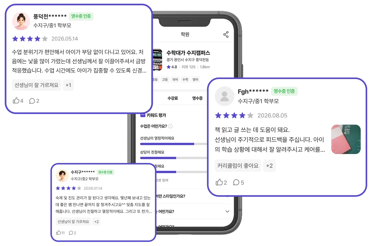 영수증 인증 배지가 붙은 실제 수강생 후기와 키워드 평가를 보여주는 리뷰 화면